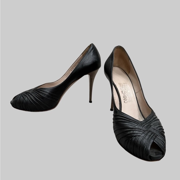 Salvatore Ferragamo black leather peep toe bronze heel stilettos - Picture 7 of 11